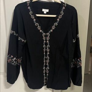 J. Jill Black Blouse with Floral Embroidery